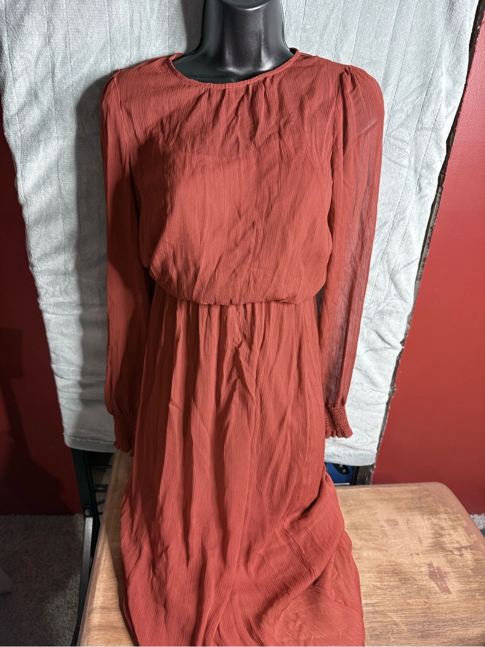 Tommy Hilfiger Women's Long Sleeve Rust Red Midi Dress